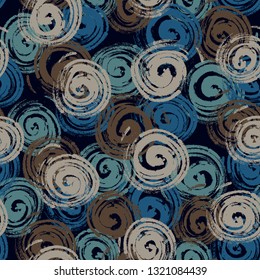 Seamless abstract pattern. Decorative seamless pattern with hand drawn shapes. Hand painted grunge doodles in cold colours. Endless ornament with spiral shapes, convoluted figures, snail shell shapes