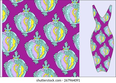 Seamless abstract pattern with decorative pomegranates elements. Dress design.