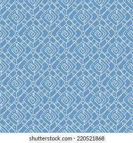 Seamless abstract pattern with decorative rhombs, white contour on a blue background.