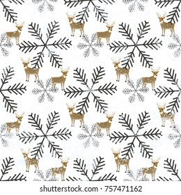 Seamless abstract pattern with deer and snowflakes.