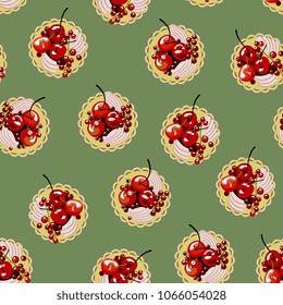 Seamless abstract pattern with delicious fruit tartlet cakes. Flat cartoon modern pop style.