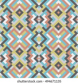 Seamless abstract pattern for design. Vector geometric background of triangles in red, brown and blue colors. Colorful texture for textile, wallpaper, clown, carpeting, warp, book cover