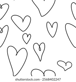 Seamless abstract pattern of different contour hearts. Hand drawn doodle background, texture for textile, wrapping paper, Valentines day, romantic design