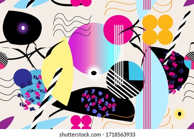 Seamless abstract pattern of different geometric objects and shapes. Template for Wallpaper or poster design.