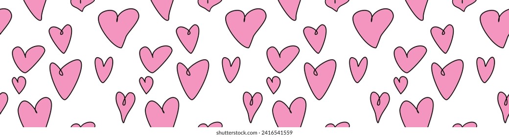 Seamless abstract pattern of different pink contour hearts. Hand drawn doodle background, texture for textile, wrapping paper, Valentines day, romantic design