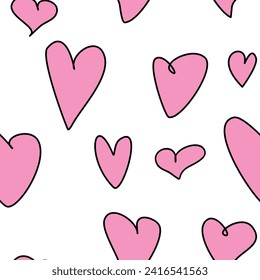 Seamless abstract pattern of different pink contour hearts. Hand drawn doodle background, texture for textile, wrapping paper, Valentines day, romantic design