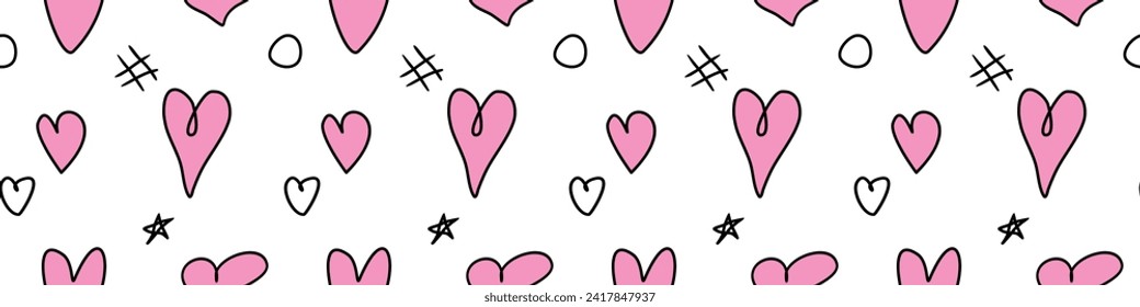 Seamless abstract pattern of different pink hearts and doodles. Freehand scribble background, texture for textile, wrapping paper, Valentines day, romantic design