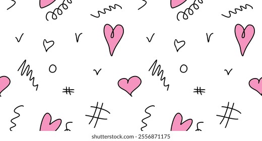 Seamless abstract pattern of different pink hearts and doodles. Freehand scribble background, texture for textile, wrapping paper, Valentines day, romantic design
