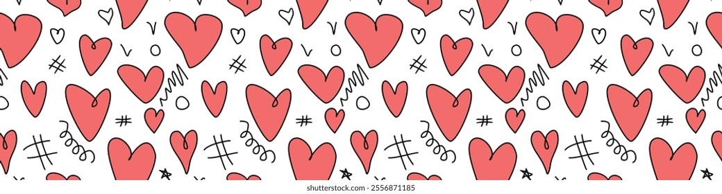 Seamless abstract pattern of different red hearts and doodles. Freehand scribble background, texture for textile, wrapping paper, Valentine's day, romantic design
