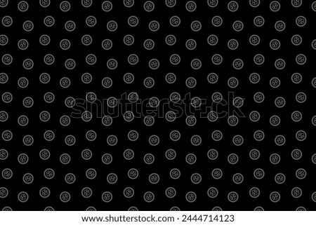 Seamless abstract pattern. Dollar . Fantasy ornament. Light gray dollar in a black circle on a black background. Flyer design, advertising background, fabric, clothing.