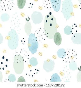 Seamless abstract pattern with doodle dots, golden texture and watercolor circles and spots randomly distributed. Vector template for holiday, birthday, Christmas and New Year in modern style.