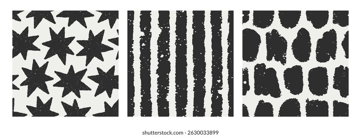 Padrão abstrato sem emenda com estrelas doodle, listras, pinceladas. Texturas modernas preto e branco desenhadas à mão, fundos intermináveis, impressões repetitivas definidas para têxteis da moda. Ilustrações vetoriais