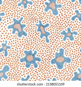 Seamless abstract pattern in doodle style. Polka dot ornament. Intricate white background with orange, blue and beige details. Vector illustration.