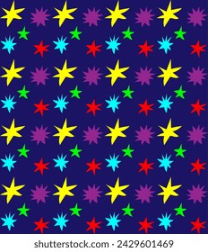Patrón abstracto sin fisuras en estilo doodle en forma de estrellas multicolores sobre un fondo azul