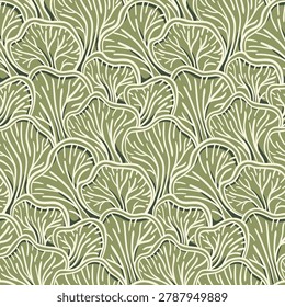 Seamless abstract pattern, doodle texture of hand drawn organic shapes, line art fungus. Artistic design, print in nature motif, sketch mushrooms on green background. Vector illustration in two colors