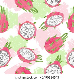 Seamless abstract pattern with dragon fruits. Vector tropical background.