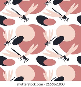 Seamless abstract pattern with dragonflies and geometric shapes. Dragonflies looking at each other in flight. Flat graphic style illustration for backgrounds, wallpapers, textiles and packaging.