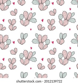 Seamless abstract pattern drawn cacti, colored in pastel shades of pink, blue on a white background with bright small hearts for different design, vector.