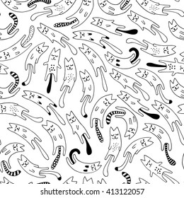 Seamless abstract pattern with dreaming cats. Childish funny background. Hand drawn vector illustration. Black and white doodle/drawing.