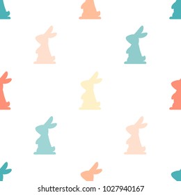 Seamless abstract pattern with Easter rabbits of different blue and green tints. White background. Decorative holiday wallpaper, good for printing. Cute Vector illustration. Flat design