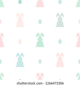 Seamless abstract pattern with Easter rabbits and eggs of different pastel colors. White background. Decorative holiday wallpaper, good for printing. Cute Vector illustration. Flat design