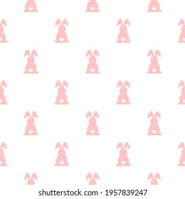 Seamless abstract pattern with Easter rabbits and hearts of different pastel colors. White background. Decorative holiday wallpaper, good for printing. Cute Vector illustration. Flat design