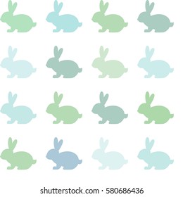 Seamless abstract pattern with Easter rabbits of different blue and green tints. White background. Decorative holiday wallpaper, good for printing. Cute Vector illustration. Flat design