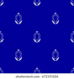 Seamless abstract pattern with elegant jewelry emblem. Pear shaped faceted gem, laurel wreaths and silhouetted crown. Elegant white on navy blue background.