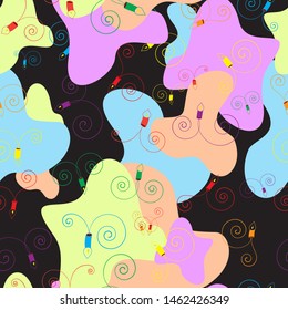 Seamless abstract pattern with elements of lamps in the form of candles and bright fashionable spots on a black background for decorating textiles or postcards on the special day