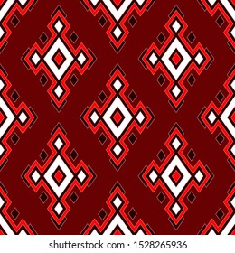 Seamless abstract pattern in ethnic style. Geometric rhombus ornament on a red background. Print for textile and paper. Vector illustration.