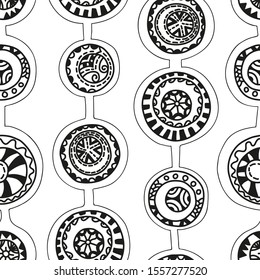 Seamless abstract pattern in ethnic style. On a white background, circles painted by doodles. Vector illustration.