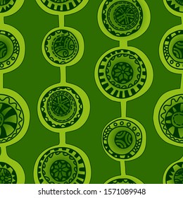 Seamless abstract pattern in ethnic style. Print for textiles and paper in green colors. Vector illustration.