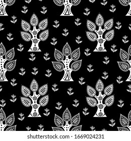 Patrón abstracto sin igual de estilo étnico. Flores estilizadas y árboles en un fondo oscuro. Impresión monocromática para textiles y papel. Ilustración vectorial.