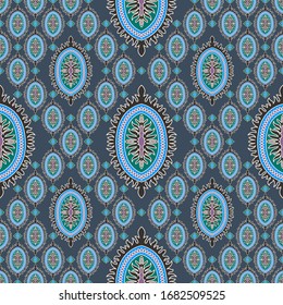 Seamless abstract pattern in ethnic style. Bright print for textiles and paper in blue colors. Vector illustration.