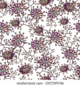 Nahtlose abstrakte Muster exotischer Blumen und Blätter. Zeichnen Sie eine schwarze Linie mit violettem Punktmuster auf weißem Hintergrund. Moderne Mode, Stoffe und alle Drucke. Stock-Vektorgrafik