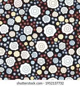 Seamless abstract pattern of exotic flowers and leaves. Drawn color line with white dot pattern on black background. Contemporary style fashion, fabrics and all prints. Vector illustration