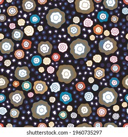 Seamless abstract pattern of exotic flowers and leaves. Drawn color line with white dot pattern on black background. Contemporary style print