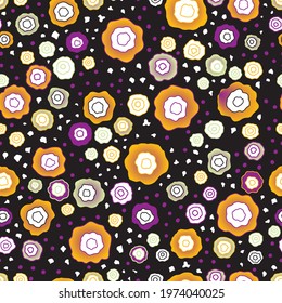 Seamless abstract pattern of exotic flowers and leaves. Drawn color line with white dot pattern on black background. Contemporary style print