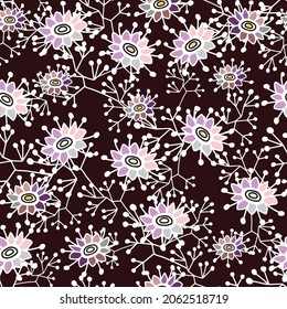 Patrón abstracto de flores y hojas exóticas. Línea blanca dibujada con un patrón de punto blanco sobre fondo burdeos oscuro. Moda de estilo contemporáneo, tejidos y todo tipo de estampados. Ilustración del vector