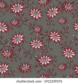 Nahtlose abstrakte Muster exotischer roter Blumen und Blätter. Ziehe eine schwarze Linie mit weißem Punktmuster auf grauem Hintergrund. Moderne Mode, Stoffe und alle Drucke. Stock-Vektorgrafik.