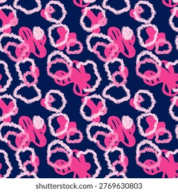 Seamless abstract pattern with expressive pink brush strokes and textured loops on dark blue background. Ideal for textiles, packaging, wallpapers, trendy branding and modern decor