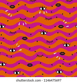 Seamless abstract pattern with eyes and lips.
