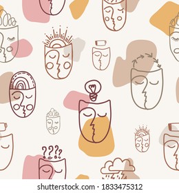 Seamless abstract pattern with faces in different moods. Mental Health Day