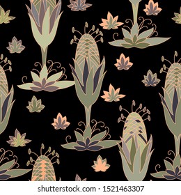 Seamless abstract pattern. Fantastic plants are drawn on a dark background. Print for textiles. Vector illustration.