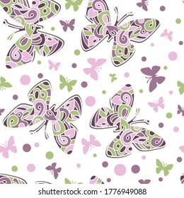 Seamless abstract pattern with fantasy butterflies. Color vector stock illustration in doodle art style for wrapping paper, textile or fabric print, invitation and greeting cards, web design or apps