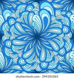 Seamless abstract pattern with fantasy flower doodle style in blue color. Background