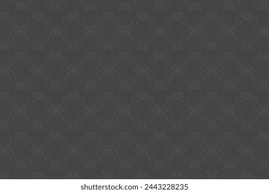 Seamless abstract pattern. Fantasy ornament with leaves and curls. Gray ornament on a black background for printing on fabric, appliques and cards. Flyer background design, advertising background, fab