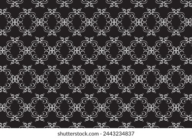Seamless abstract pattern. Fantasy ornament with leaves and curls. White ornament on a black background for printing on fabric, appliques and cards. Flyer background design, advertising background, fa