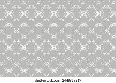 Seamless abstract pattern. Fantasy ornament with leaves and curls. White ornament on a light gray background for printing on fabric, appliques and cards. Flyer background design, advertising backgroun