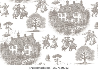 Seamless abstract pattern. Farm and ancient peasants. In style Toile de Jou. Suitable for fabric, wrapping paper and the like.